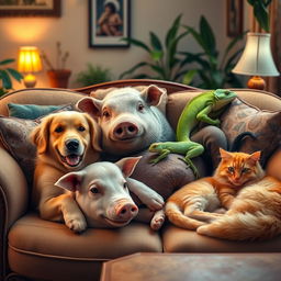 A cozy living room scene featuring a dog, a pig, a hog, a lizard, and a cat all relaxing together on a sofa