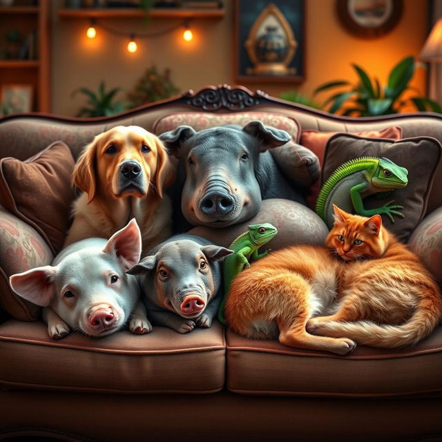 A cozy living room scene featuring a dog, a pig, a hog, a lizard, and a cat all relaxing together on a sofa