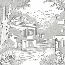 A high-quality coloring page featuring an aesthetic scene