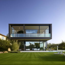 A modern house with sleek lines, floor-to-ceiling glass facade, minimalist design, surrounded by a well-manicured lawn under a clear blue sky.