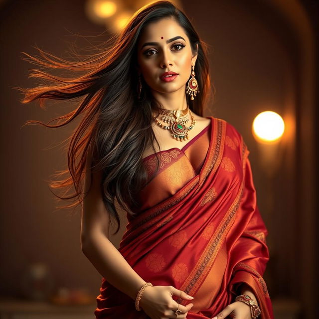 A sexy woman wearing a traditional saree, showcasing her open deep navel and elegant open cleavage