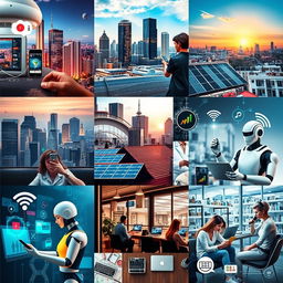 A vibrant collage showcasing the various ways technology impacts society