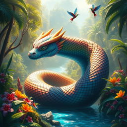 A stunning fantasy scene featuring a majestic Sigajang, a mythical creature resembling a giant, colorful serpent with shimmering scales