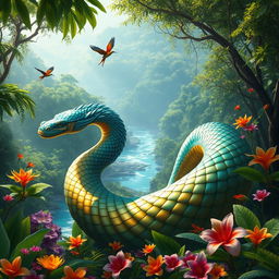 A stunning fantasy scene featuring a majestic Sigajang, a mythical creature resembling a giant, colorful serpent with shimmering scales