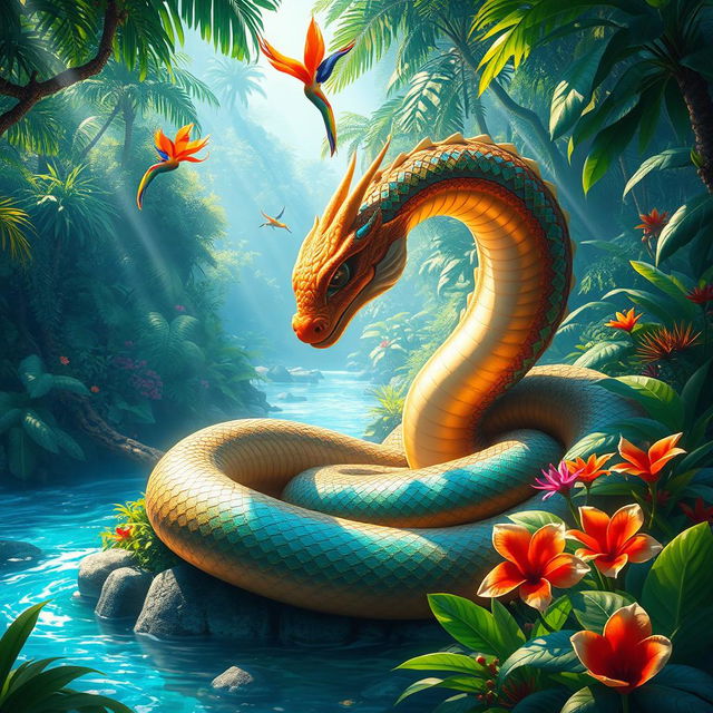 A stunning fantasy scene featuring a majestic Sigajang, a mythical creature resembling a giant, colorful serpent with shimmering scales