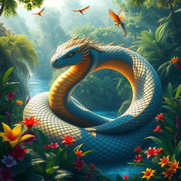 A stunning fantasy scene featuring a majestic Sigajang, a mythical creature resembling a giant, colorful serpent with shimmering scales
