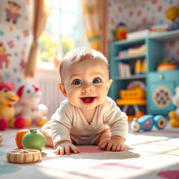 A heartwarming scene of a cute baby sitting in a bright, colorful nursery filled with toys