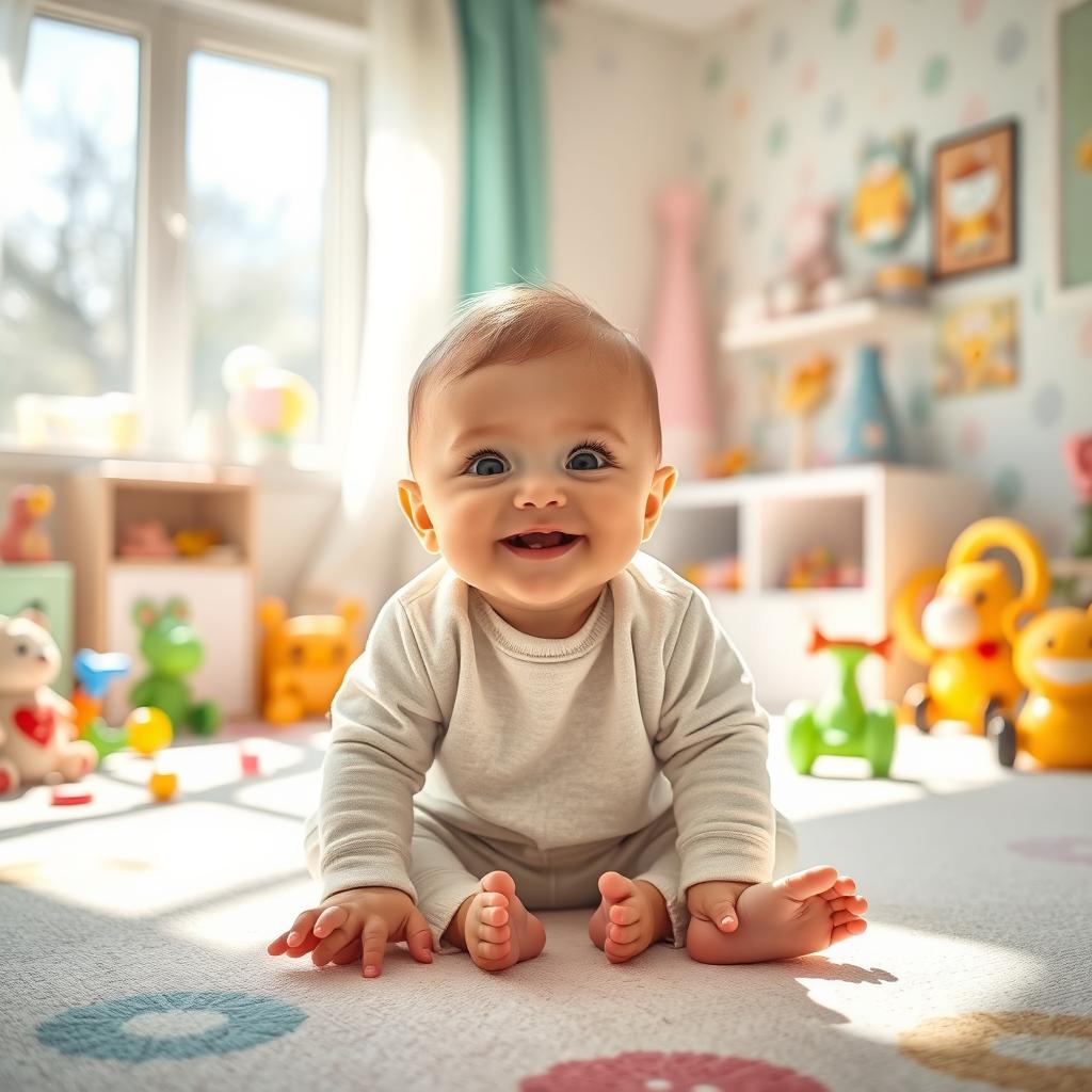 A heartwarming scene of a cute baby sitting in a bright, colorful nursery filled with toys