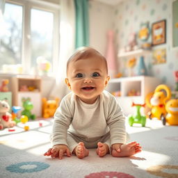 A heartwarming scene of a cute baby sitting in a bright, colorful nursery filled with toys