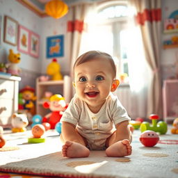 A heartwarming scene of a cute baby sitting in a bright, colorful nursery filled with toys