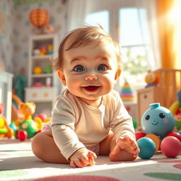 A heartwarming scene of a cute baby sitting in a bright, colorful nursery filled with toys