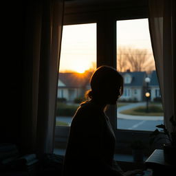 A melancholic image of a solitary woman gazing out of her bedroom window, her silhouette softly illuminated by the warm glow of the setting sun