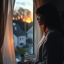 A melancholic image of a solitary woman gazing out of her bedroom window, her silhouette softly illuminated by the warm glow of the setting sun