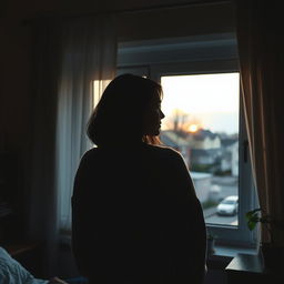 A melancholic image of a solitary woman gazing out of her bedroom window, her silhouette softly illuminated by the warm glow of the setting sun
