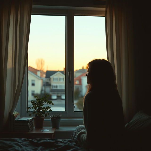 A melancholic image of a solitary woman gazing out of her bedroom window, her silhouette softly illuminated by the warm glow of the setting sun