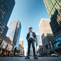 A person standing confidently in the center of a bustling urban environment, surrounded by towering skyscrapers