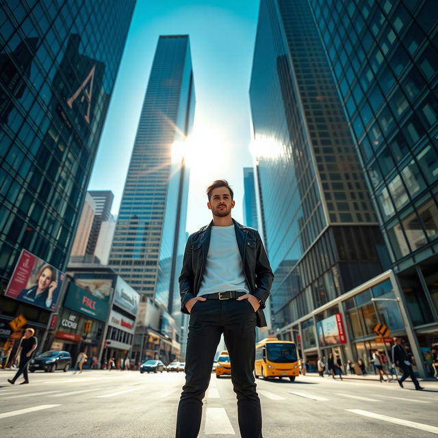 A person standing confidently in the center of a bustling urban environment, surrounded by towering skyscrapers