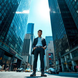 A person standing confidently in the center of a bustling urban environment, surrounded by towering skyscrapers