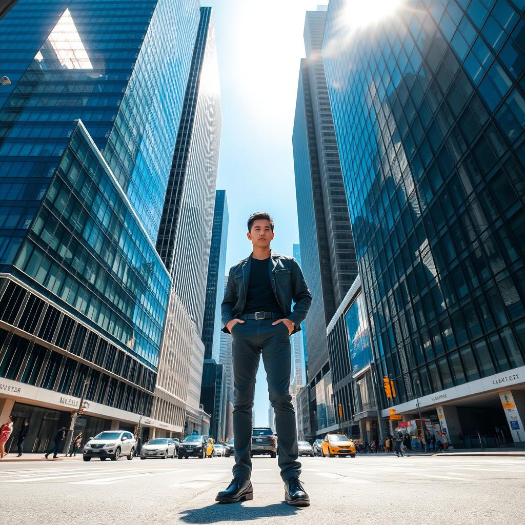 A person standing confidently in the center of a bustling urban environment, surrounded by towering skyscrapers