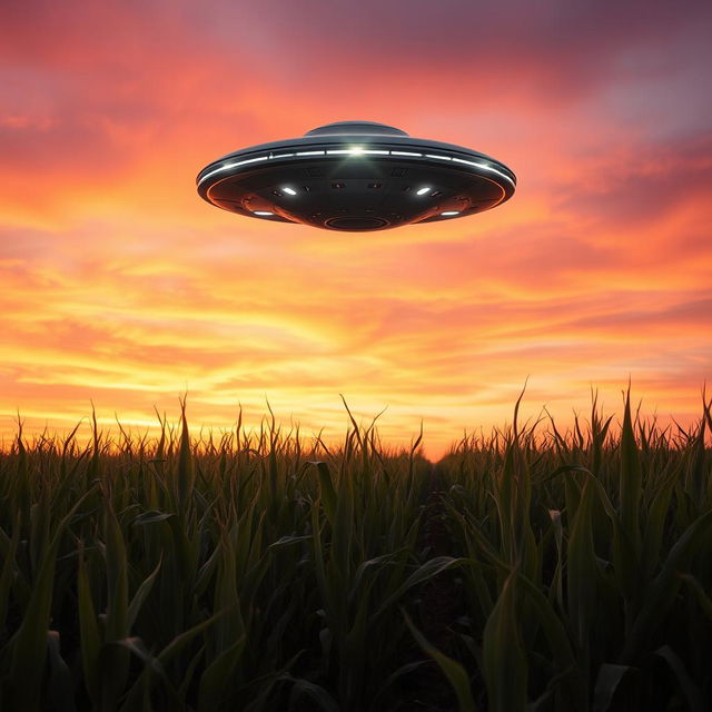 A UFO hovering above a lush cornfield during sunset, with rows of tall corn plants swaying gently in the breeze