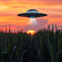 A UFO hovering above a lush cornfield during sunset, with rows of tall corn plants swaying gently in the breeze