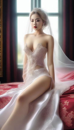 A high-quality digital art image of a voluptuous Indonesian model on her wedding day