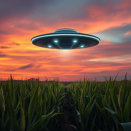 A UFO hovering above a lush cornfield during sunset, with rows of tall corn plants swaying gently in the breeze