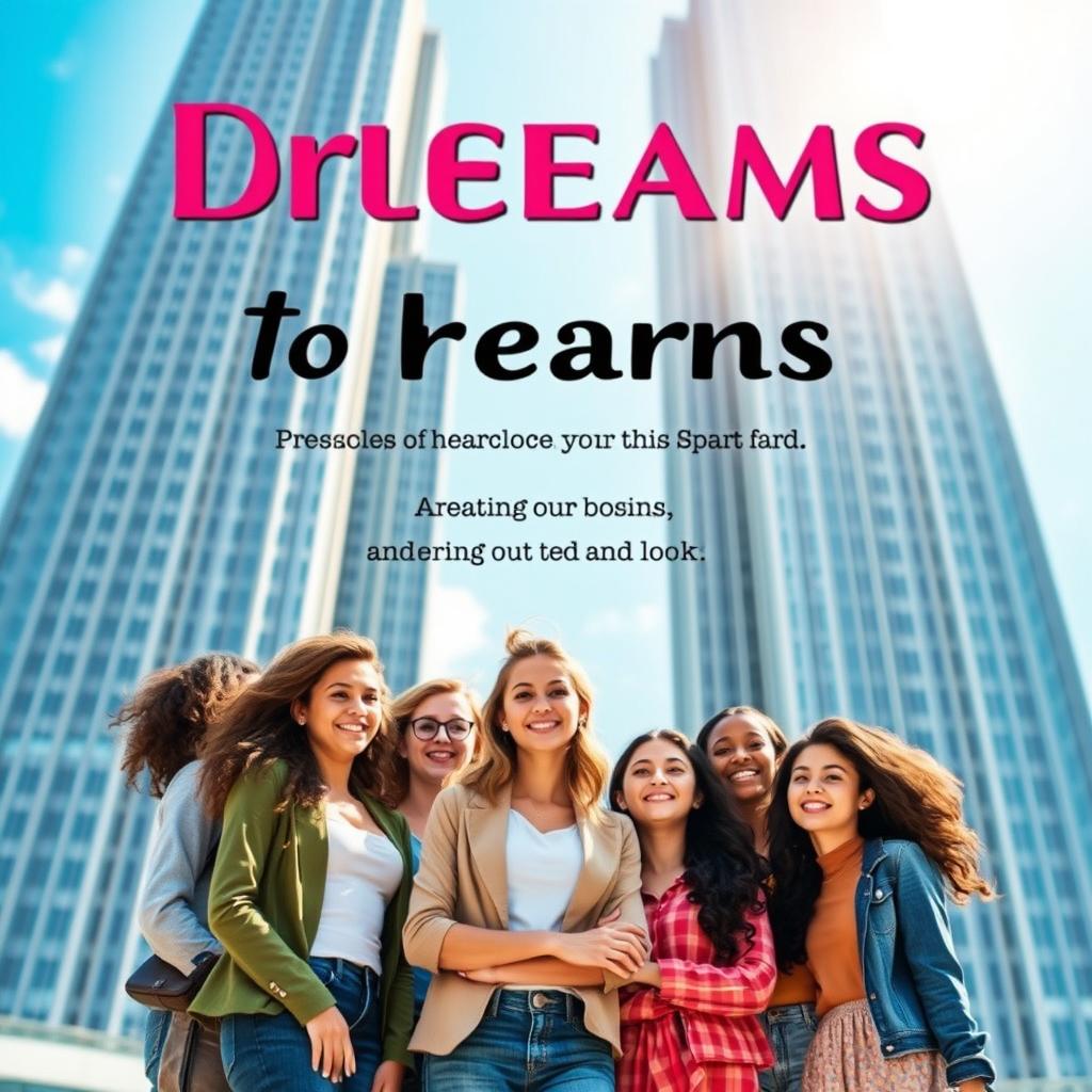 A vibrant book cover featuring a group of diverse teenage girls in the foreground, standing together in a striking pose
