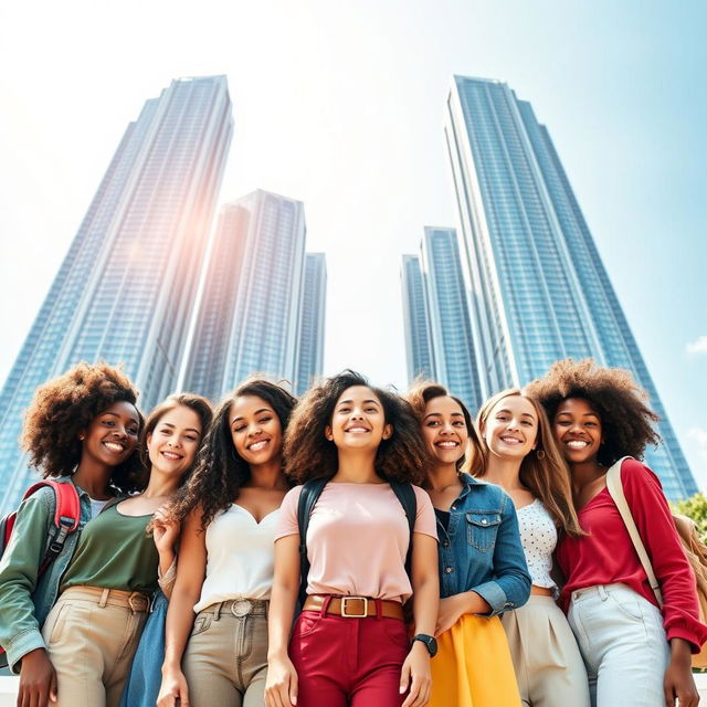 A vibrant book cover featuring a group of diverse teenage girls in the foreground, standing together in a striking pose