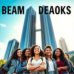 A vibrant book cover featuring a group of diverse teenage girls in the foreground, standing together in a striking pose