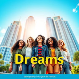 A vibrant book cover featuring a group of diverse teenage girls in the foreground, standing together in a striking pose