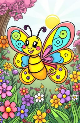 A whimsical cartoon butterfly with large, colorful wings designed for a coloring book