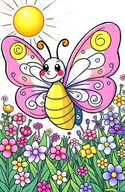 A whimsical cartoon butterfly with large, colorful wings designed for a coloring book