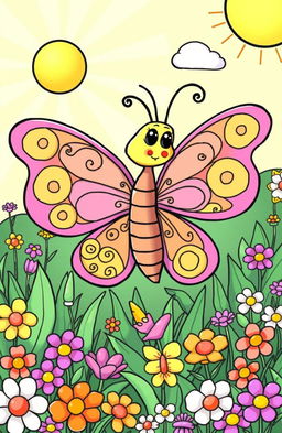 A whimsical cartoon butterfly with large, colorful wings designed for a coloring book
