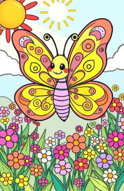 A whimsical cartoon butterfly with large, colorful wings designed for a coloring book