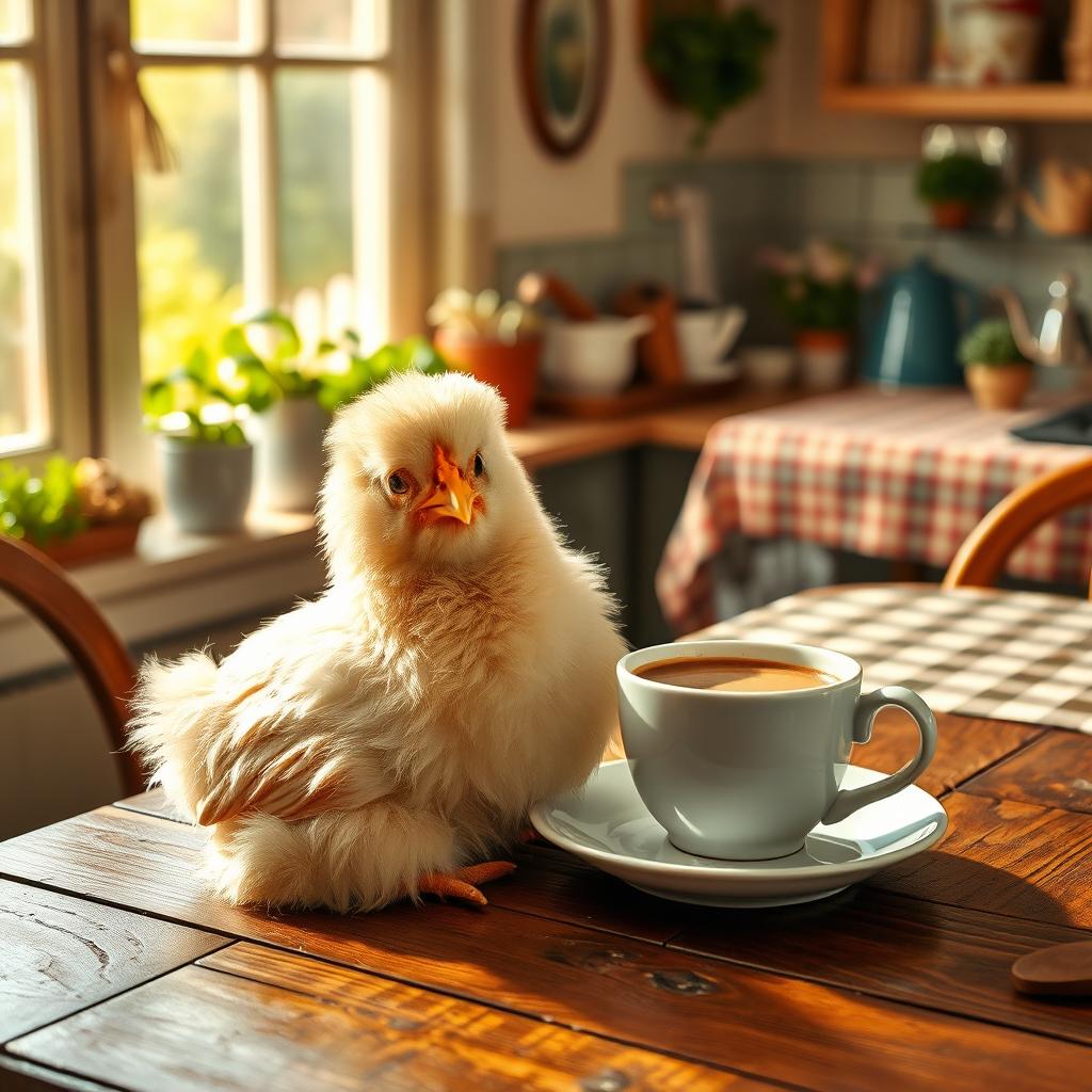 A charming scene with a fluffy pet chicken sitting comfortably next to a steaming cup of coffee on a rustic wooden table