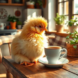 A charming scene with a fluffy pet chicken sitting comfortably next to a steaming cup of coffee on a rustic wooden table