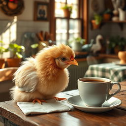 A charming scene with a fluffy pet chicken sitting comfortably next to a steaming cup of coffee on a rustic wooden table