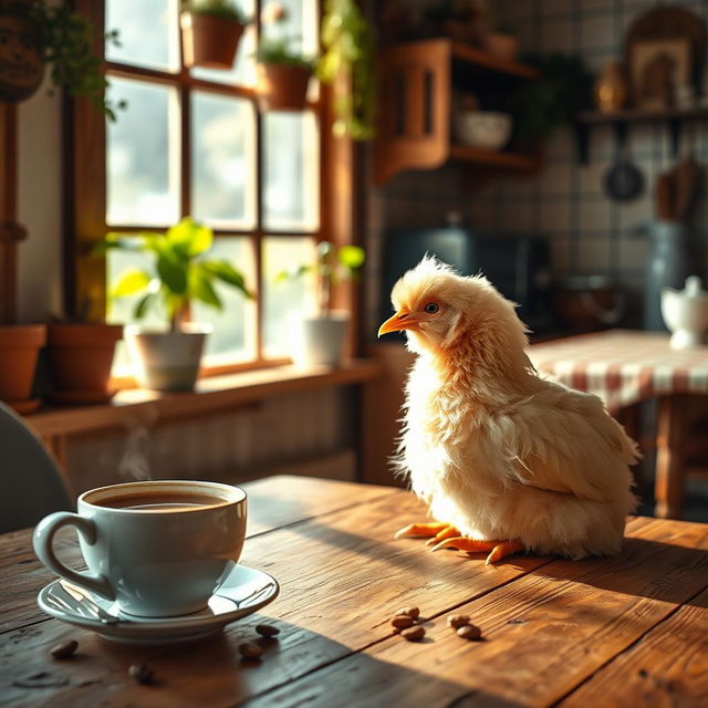 A charming scene with a fluffy pet chicken sitting comfortably next to a steaming cup of coffee on a rustic wooden table