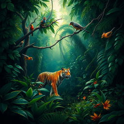 A lush, dark jungle scene teeming with wildlife