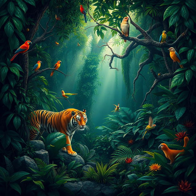 A lush, dark jungle scene teeming with wildlife