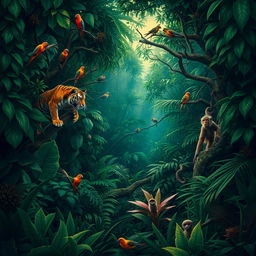 A lush, dark jungle scene teeming with wildlife