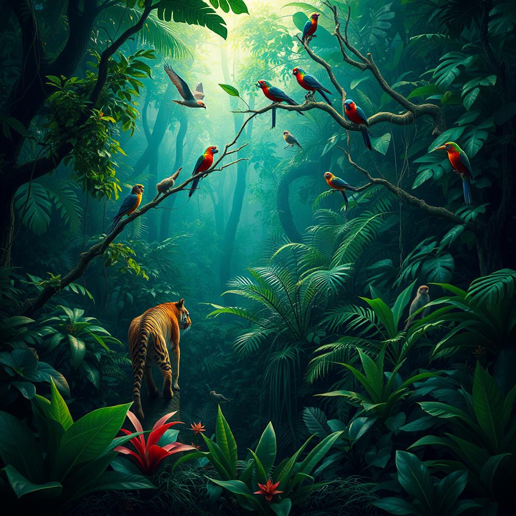 A lush, dark jungle scene teeming with wildlife