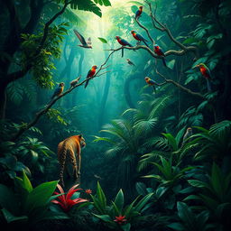 A lush, dark jungle scene teeming with wildlife