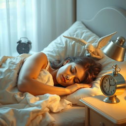 A serene and angelic scene featuring a woman peacefully sleeping in a cozy bed