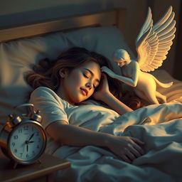 A serene and angelic scene featuring a woman peacefully sleeping in a cozy bed