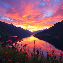A breathtaking landscape at sunset featuring a serene lake surrounded by majestic mountains