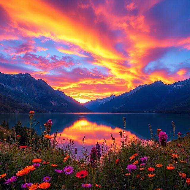 A breathtaking landscape at sunset featuring a serene lake surrounded by majestic mountains