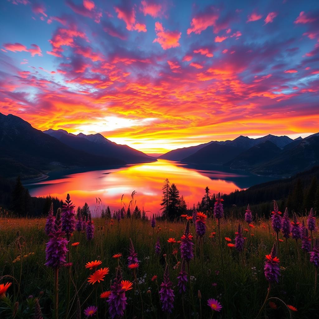 A breathtaking landscape at sunset featuring a serene lake surrounded by majestic mountains