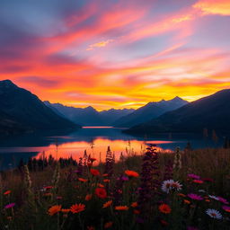A breathtaking landscape at sunset featuring a serene lake surrounded by majestic mountains